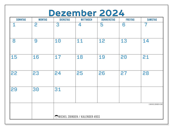 Kalender zum Ausdrucken, Dezember 2024, 49SS