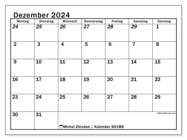 Kalender zum Ausdrucken, Dezember 2024, 501MS