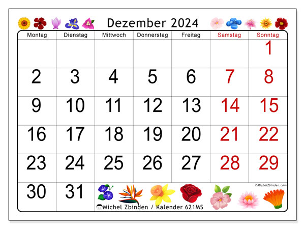 Kalender Dezember 2024 “621”. Programm zum Ausdrucken kostenlos.. Montag bis Sonntag