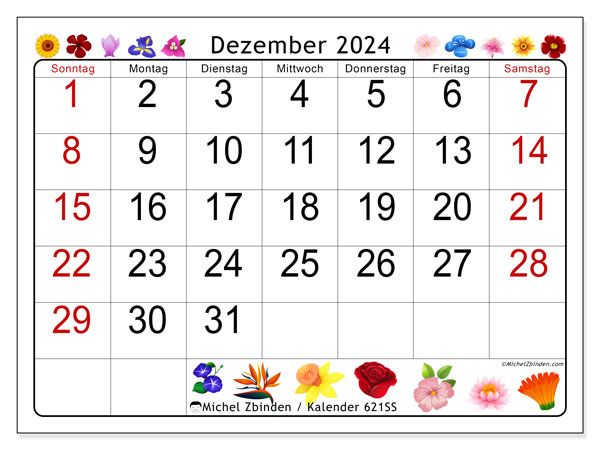 Kalender Dezember 2024 “621”. Programm zum Ausdrucken kostenlos.. Sonntag bis Samstag