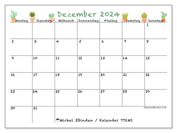 Kalender zum Ausdrucken, Dezember 2024, 772MS