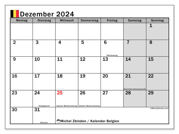 Kalender Dezember 2024 “Belgien”. Plan zum Ausdrucken kostenlos.. Montag bis Sonntag