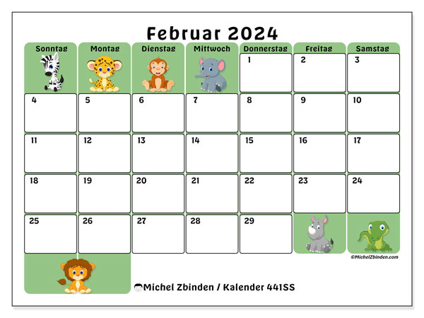 Kalender Februar 2024 “441”. Programm zum Ausdrucken kostenlos.. Sonntag bis Samstag