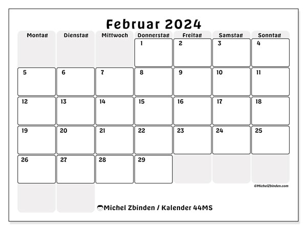 Kalender Februar 2024, 44SS. Plan zum Ausdrucken kostenlos.