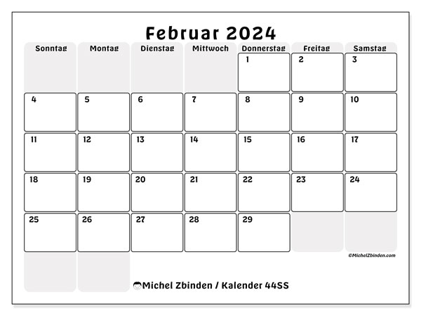 Kalender Februar 2024, 44SS. Plan zum Ausdrucken kostenlos.