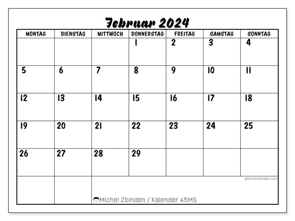 Kalender Februar 2024, 45SS. Plan zum Ausdrucken kostenlos.
