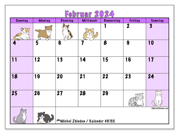Kalender Februar 2024 “481”. Kalender zum Ausdrucken kostenlos.. Sonntag bis Samstag