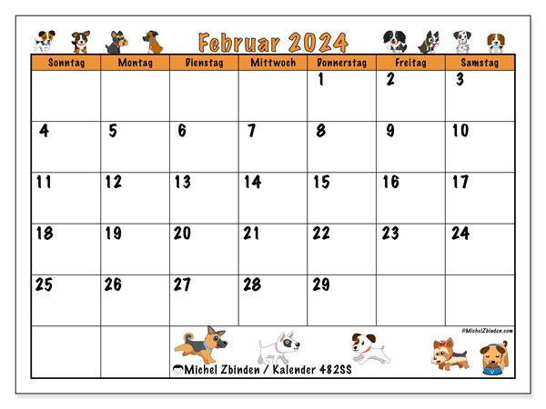Kalender Februar 2024 “482”. Kalender zum Ausdrucken kostenlos.. Sonntag bis Samstag