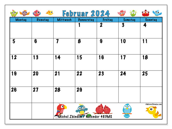 Kalender Februar 2024 “483”. Kalender zum Ausdrucken kostenlos.. Montag bis Sonntag