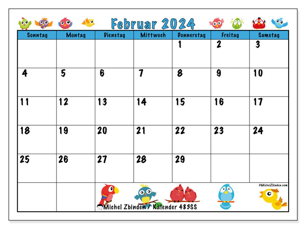 Kalender Februar 2024 “483”. Kalender zum Ausdrucken kostenlos.. Sonntag bis Samstag