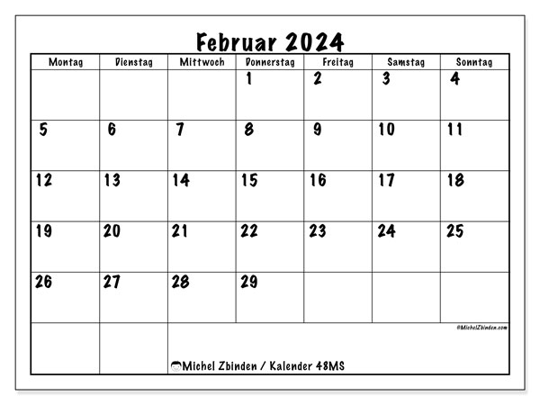 Kalender Februar 2024, 48SS. Plan zum Ausdrucken kostenlos.