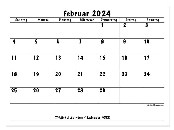 Kalender Februar 2024, 48SS. Plan zum Ausdrucken kostenlos.