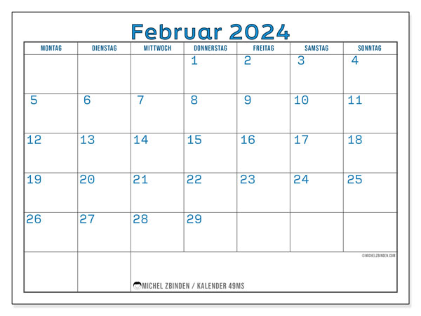 Kalender zum Ausdrucken, Februar 2024, 49MS
