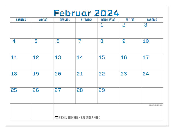 Kalender Februar 2024, 49SS. Plan zum Ausdrucken kostenlos.