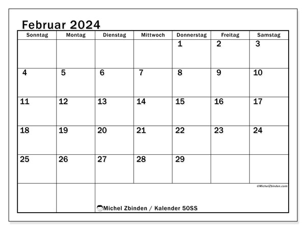 Kalender Februar 2024, 50SS. Plan zum Ausdrucken kostenlos.