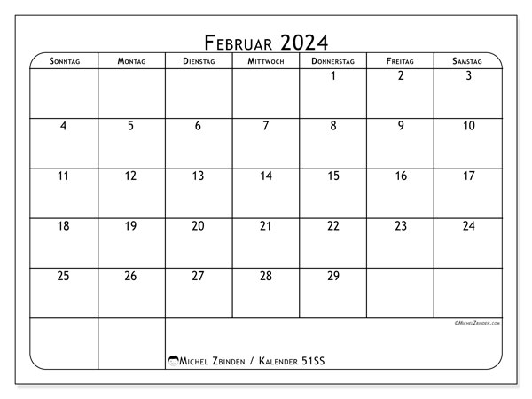 Kalender Februar 2024, 51SS. Plan zum Ausdrucken kostenlos.
