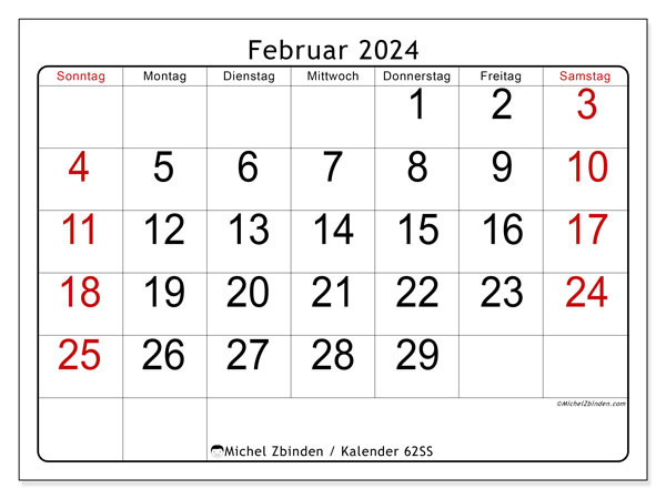 Kalender Februar 2024 “62”. Plan zum Ausdrucken kostenlos.. Sonntag bis Samstag