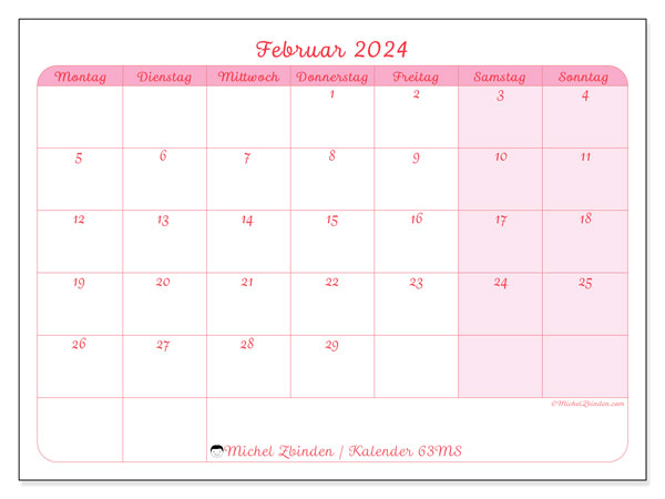 Kalender Februar 2024 “63”. Programm zum Ausdrucken kostenlos.. Montag bis Sonntag