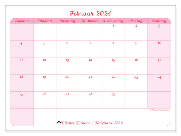 Kalender Februar 2024 “63”. Programm zum Ausdrucken kostenlos.. Sonntag bis Samstag