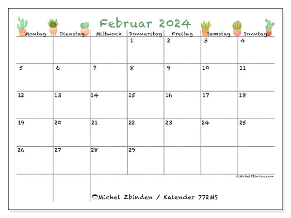 Kalender Februar 2024 “772”. Kalender zum Ausdrucken kostenlos.. Montag bis Sonntag