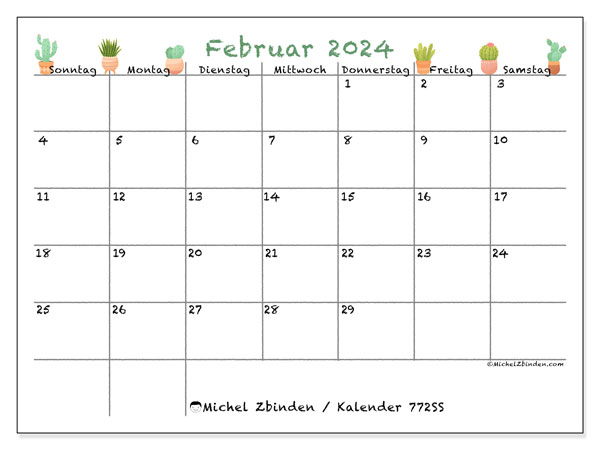 Kalender Februar 2024 “772”. Kalender zum Ausdrucken kostenlos.. Sonntag bis Samstag