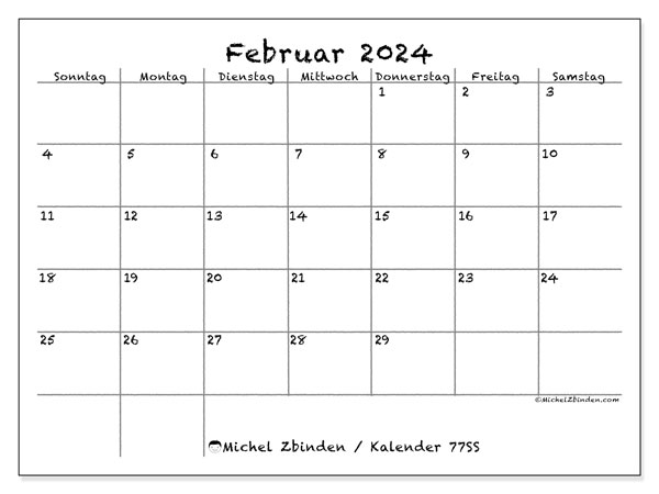 Kalender Februar 2024 “77”. Plan zum Ausdrucken kostenlos.. Sonntag bis Samstag