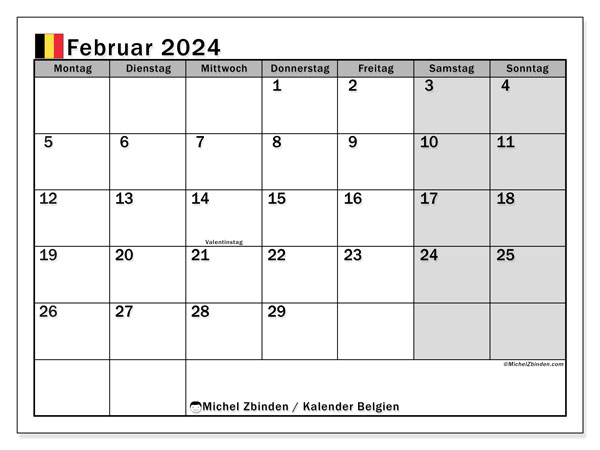 Kalender Februar 2024 “Belgien”. Programm zum Ausdrucken kostenlos.. Montag bis Sonntag