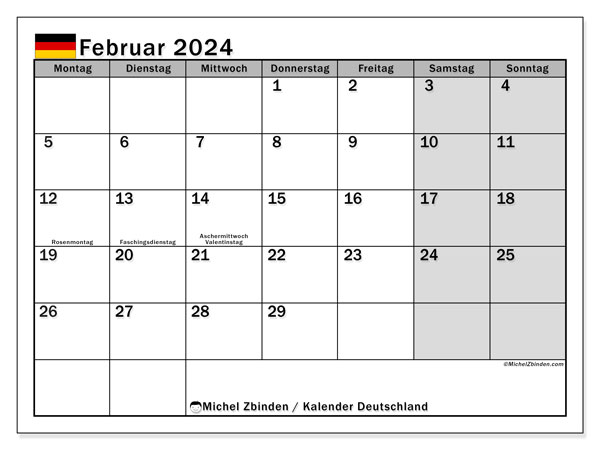 Calendrier février 2024, Allemagne (DE), prêt à imprimer et gratuit.