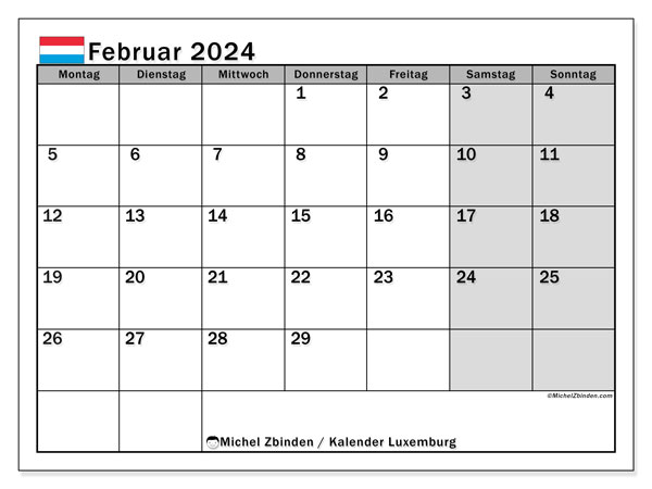 Calendário Fevereiro 2024, Luxemburgo (DE). Programa gratuito para impressão.