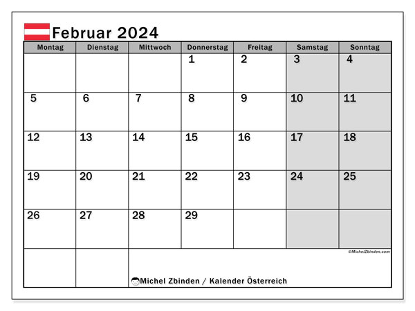 Kalendarz luty 2024, Austria (DE). Darmowy terminarz do druku.