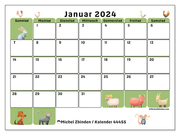 Kalender Januar 2024 “444”. Programm zum Ausdrucken kostenlos.. Sonntag bis Samstag