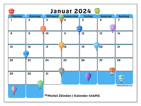 Kalender Januar 2024 “446”. Kalender zum Ausdrucken kostenlos.. Montag bis Sonntag