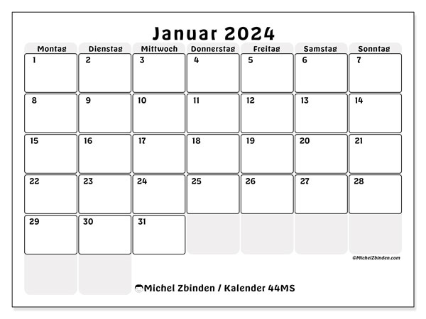 Kalender Januar 2024, 44SS. Plan zum Ausdrucken kostenlos.