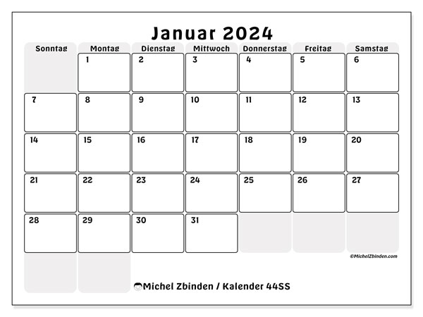 Kalender Januar 2024, 44SS. Plan zum Ausdrucken kostenlos.