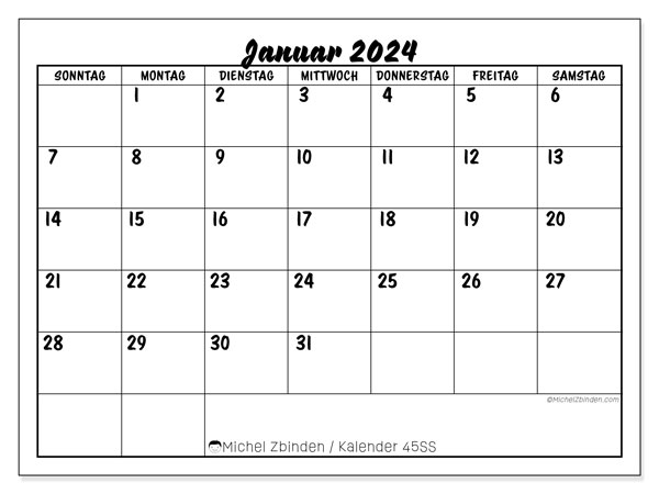 Kalender zum Ausdrucken, Januar 2024, 45SS