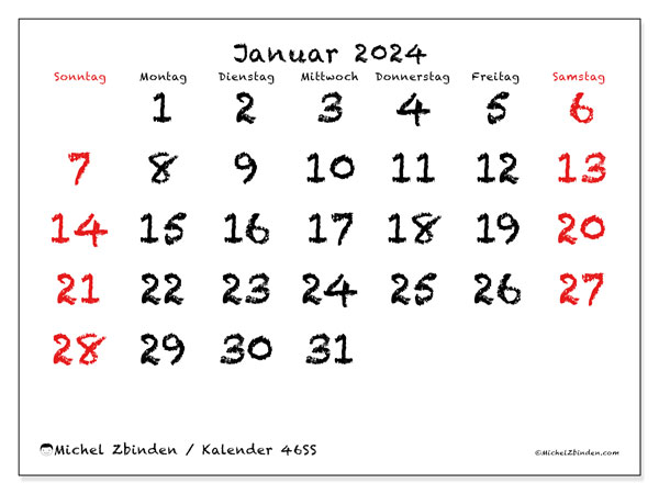 Kalender Januar 2024, 46SS. Plan zum Ausdrucken kostenlos.