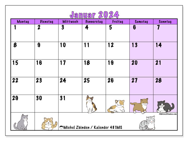Kalender Januar 2024 “481”. Plan zum Ausdrucken kostenlos.. Montag bis Sonntag