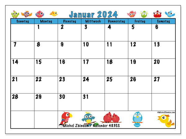 Kalender zum Ausdrucken, Januar 2024, 483SS