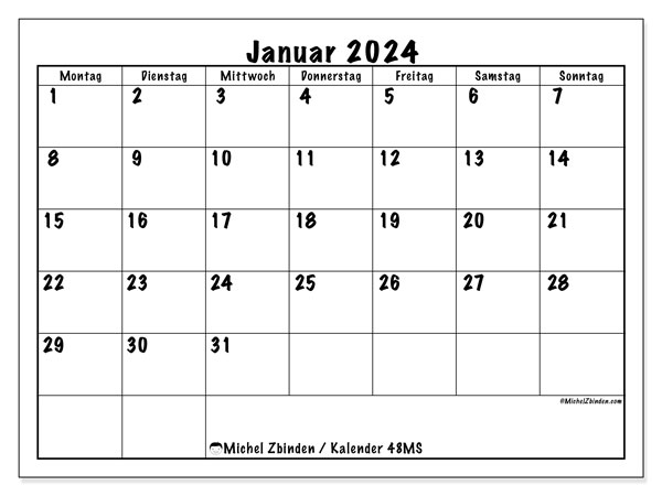 Kalender Januar 2024, 48SS. Plan zum Ausdrucken kostenlos.