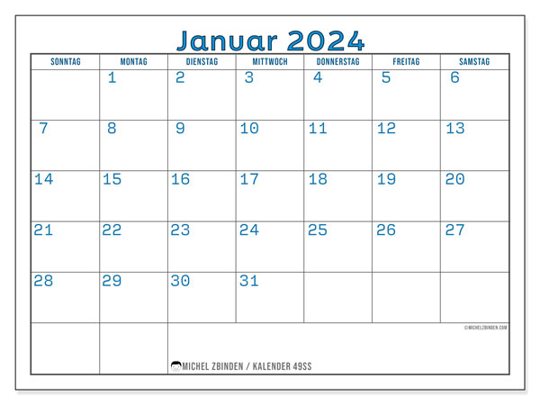 Kalender Januar 2024 “49”. Plan zum Ausdrucken kostenlos.. Sonntag bis Samstag