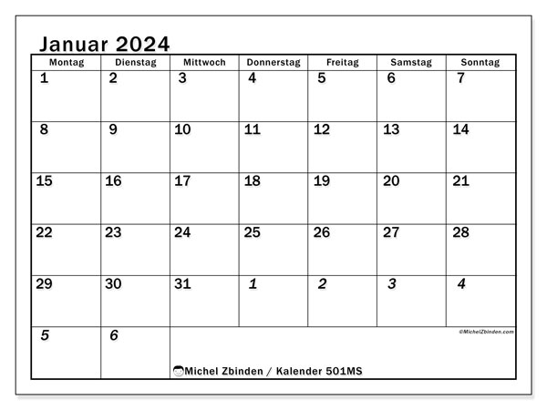 501MS, Kalender Januar 2024, zum Ausdrucken, kostenlos.