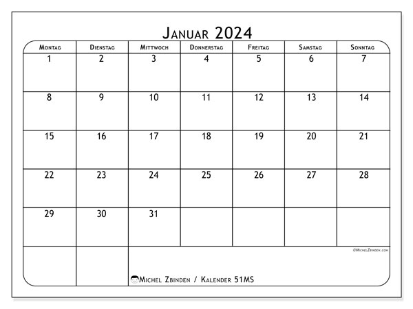 Kalender Januar 2024 “51”. Plan zum Ausdrucken kostenlos.. Montag bis Sonntag
