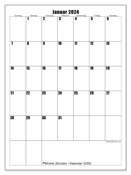 Kalender Januar 2024, 52SS. Plan zum Ausdrucken kostenlos.