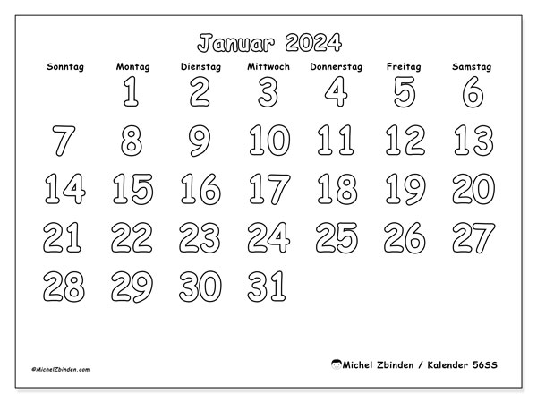 Kalender Januar 2024 “56”. Kalender zum Ausdrucken kostenlos.. Sonntag bis Samstag