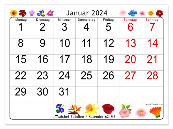 Kalender zum Ausdrucken, Januar 2024, 621MS