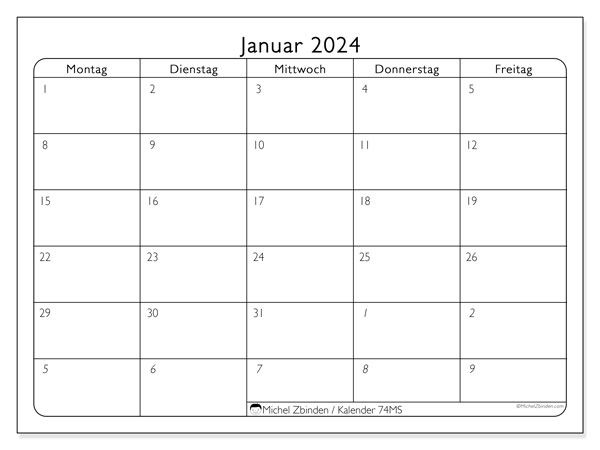 Kalender Januar 2024 “74”. Programm zum Ausdrucken kostenlos.. Montag bis Freitag