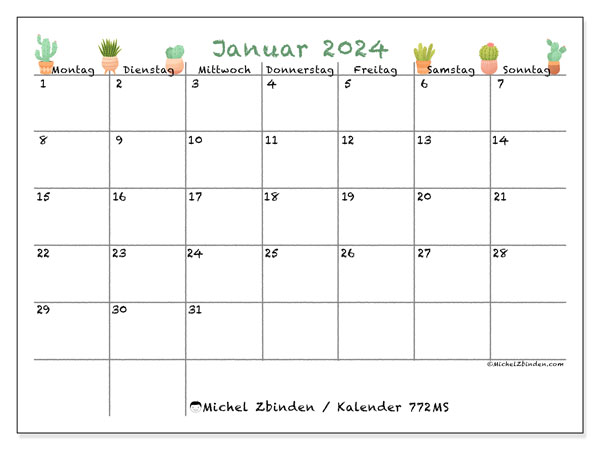Kalender zum Ausdrucken, Januar 2024, 772MS
