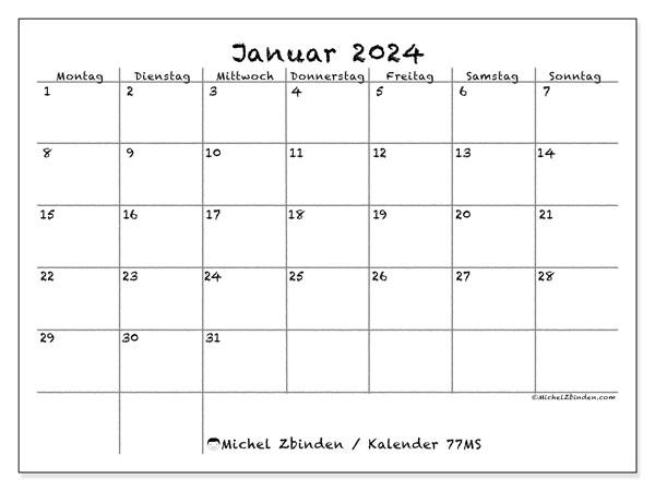 Kalender Januar 2024 “77”. Plan zum Ausdrucken kostenlos.. Montag bis Sonntag