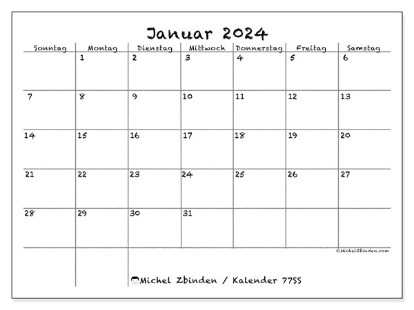 Kalender Januar 2024 “77”. Plan zum Ausdrucken kostenlos.. Sonntag bis Samstag