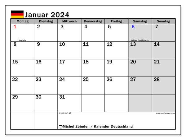 Calendário Janeiro 2024, Alemanha (DE). Horário gratuito para impressão.